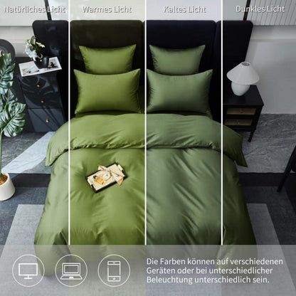 Olivgrüne Bettwäsche Set 200x200cm | 3-teilig, Mako Satin Baumwolle