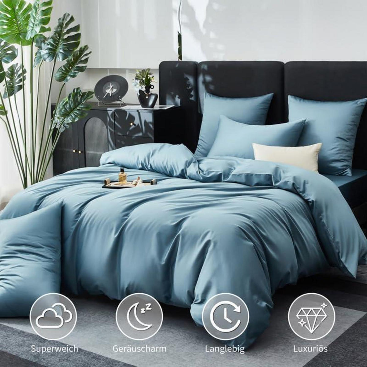 Mako Satin Bettwäsche Set 200x220cm Blau Petrol 3tlg.