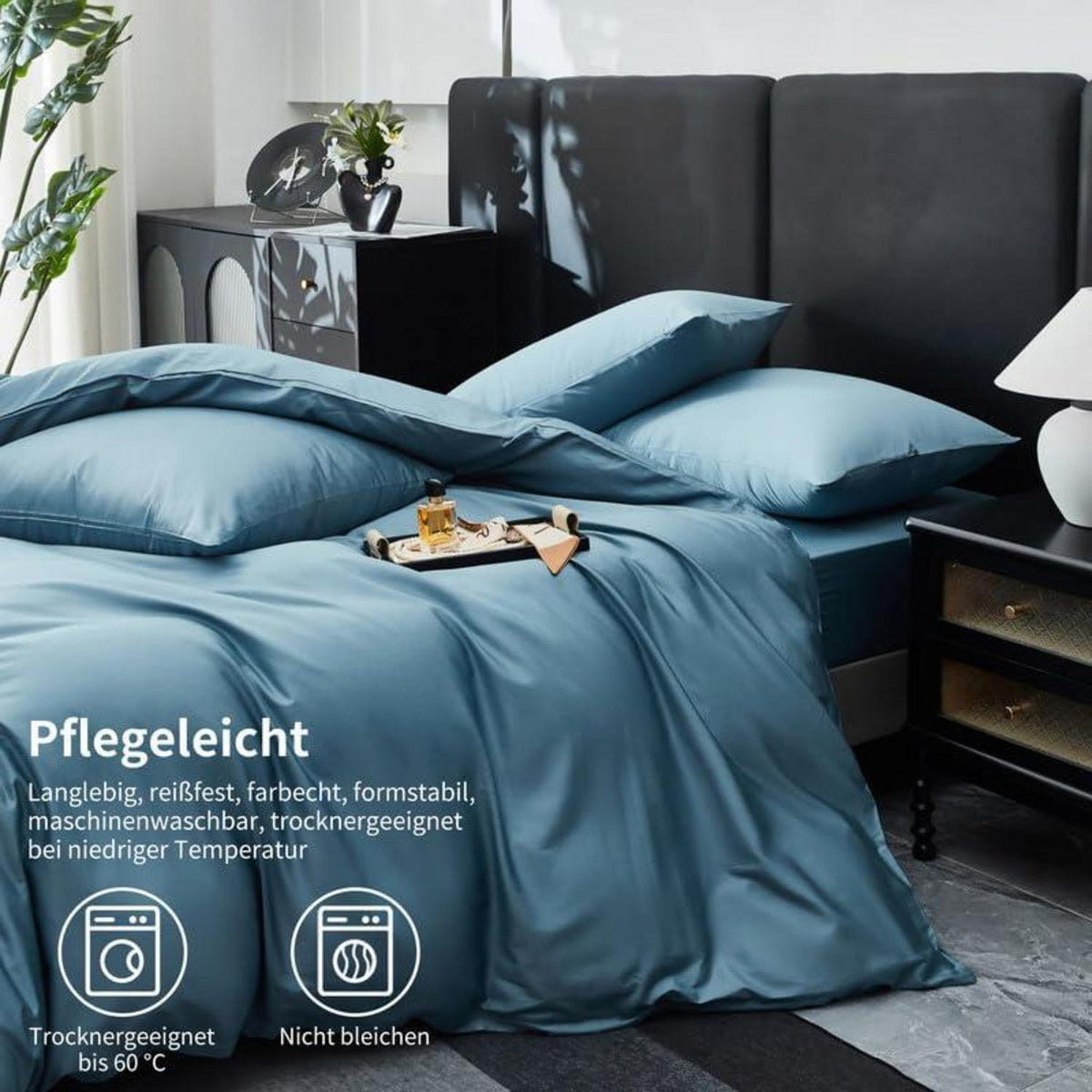 Mako Satin Bettwäsche Set 200x220cm Blau Petrol 3tlg.