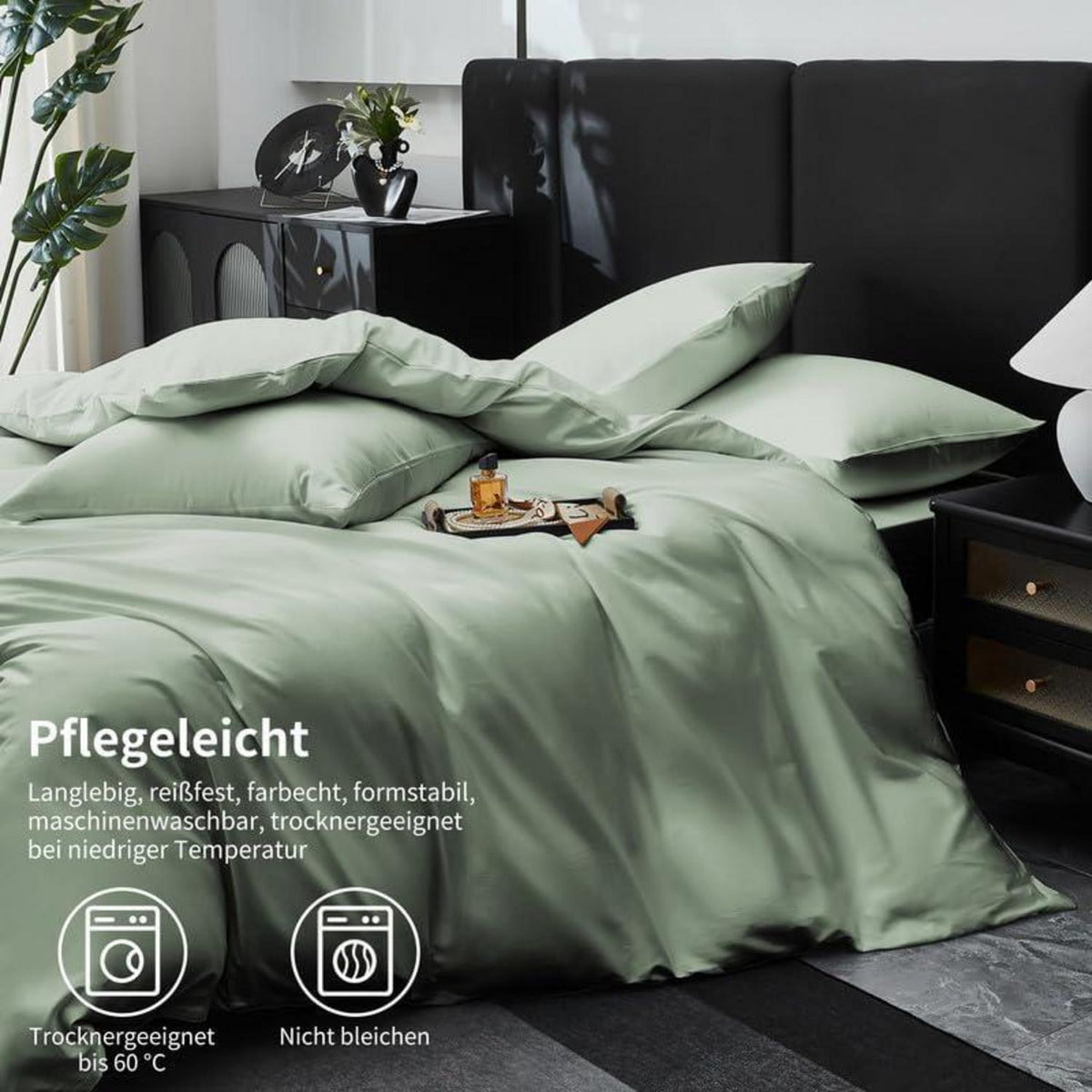 Mako Satin Bettwäsche Set 220x240cm Grün 3tlg. Baumwolle