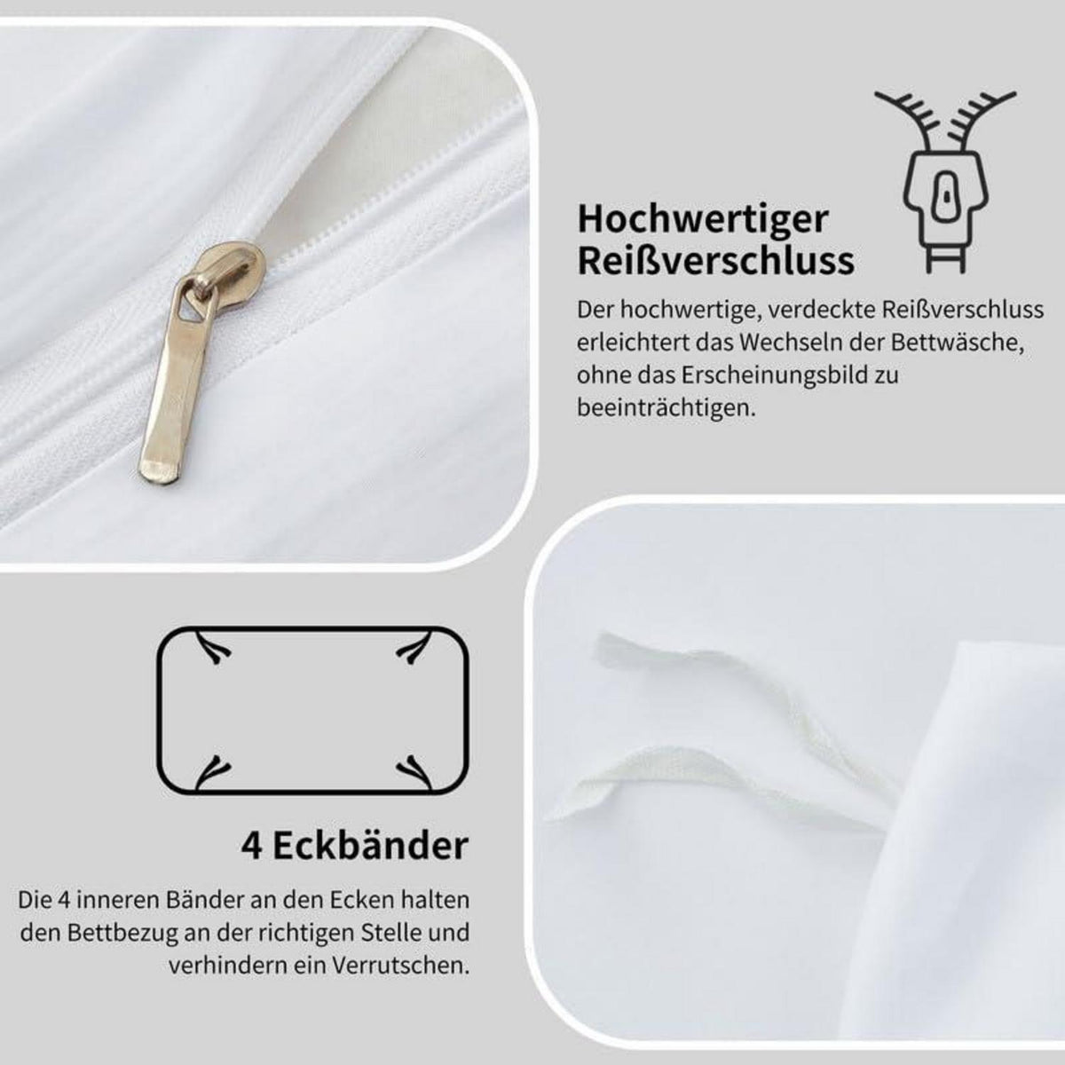 Mako Satin Bettwäsche Set 200x200cm - 3tlg. Baumwolle Weiß