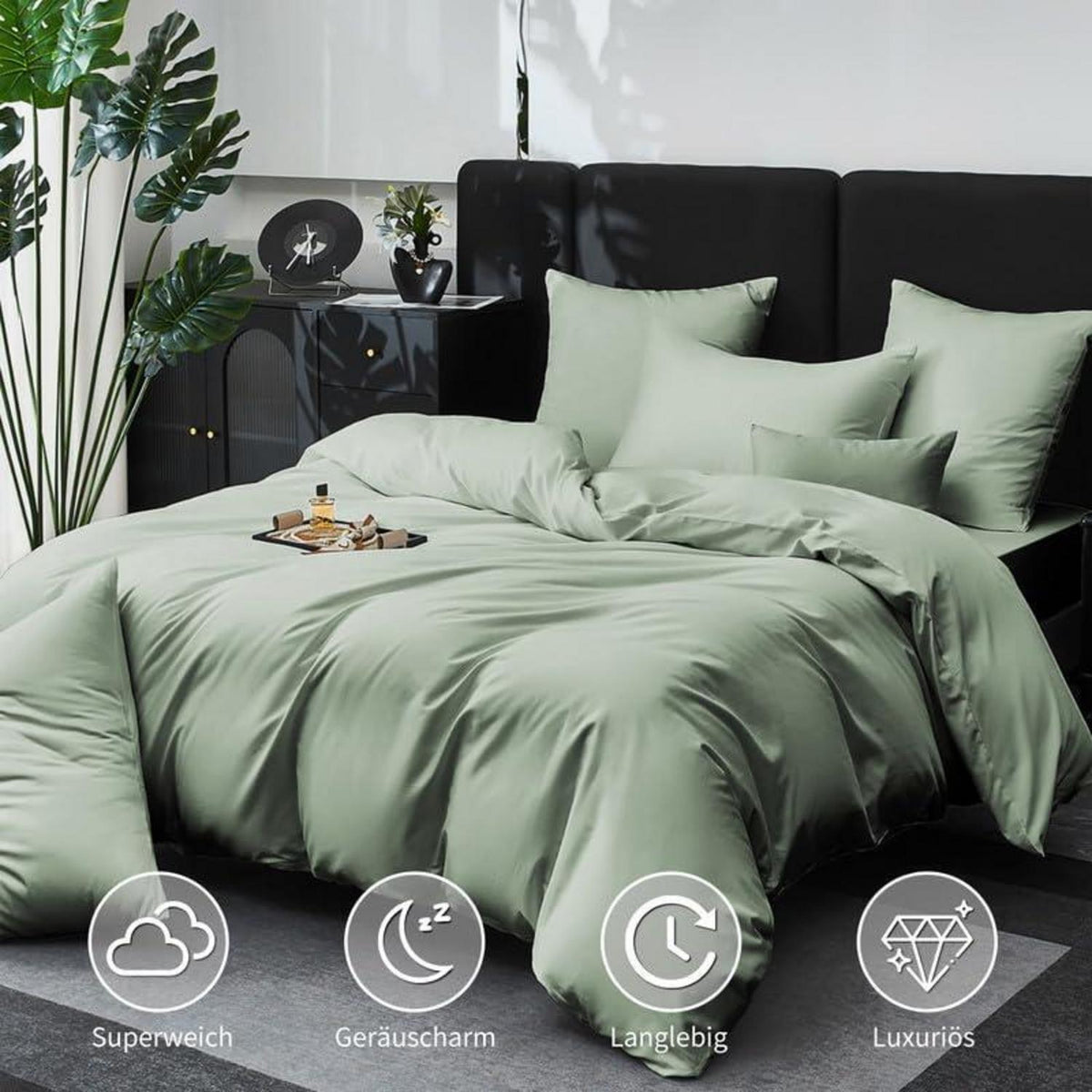 3tlg. Bettwäsche Set 200x200cm - Grün Salbeigrün Mako Satin Baumwolle