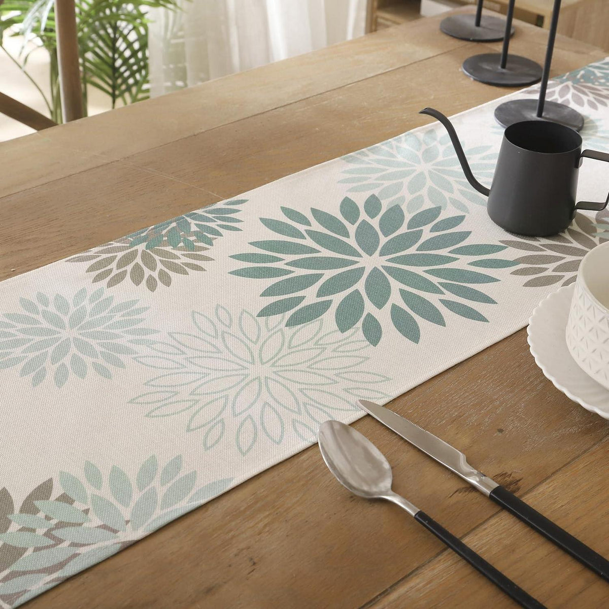 Tischläufer Blumen Salbeigrün Dahlie Boho Leinen 40x180 cm