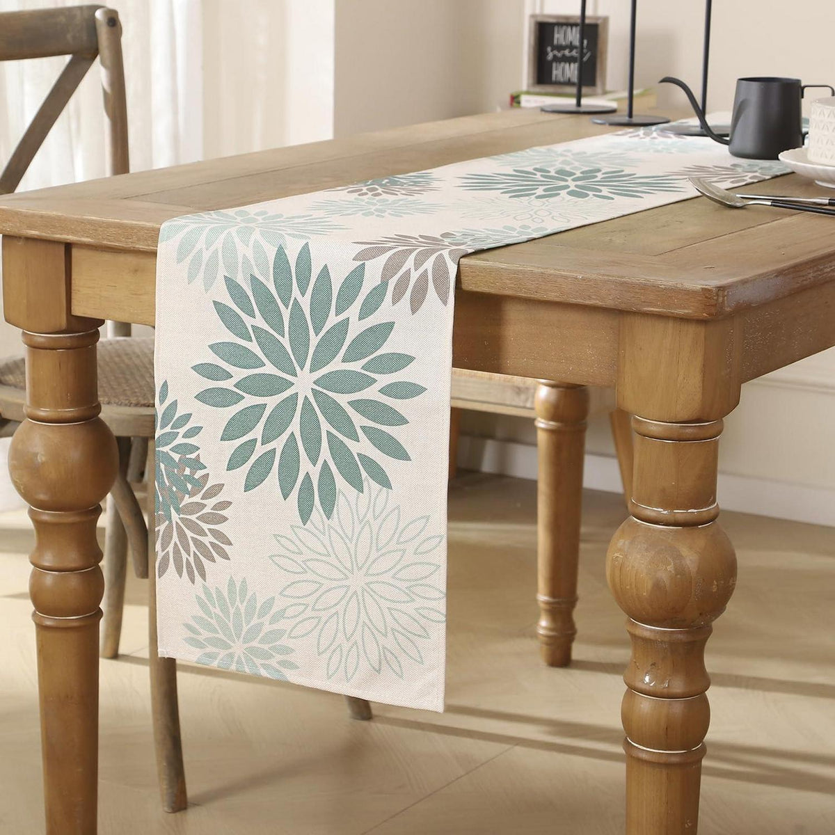 Tischläufer Blumen Salbeigrün Dahlie Boho Leinen 40x180 cm