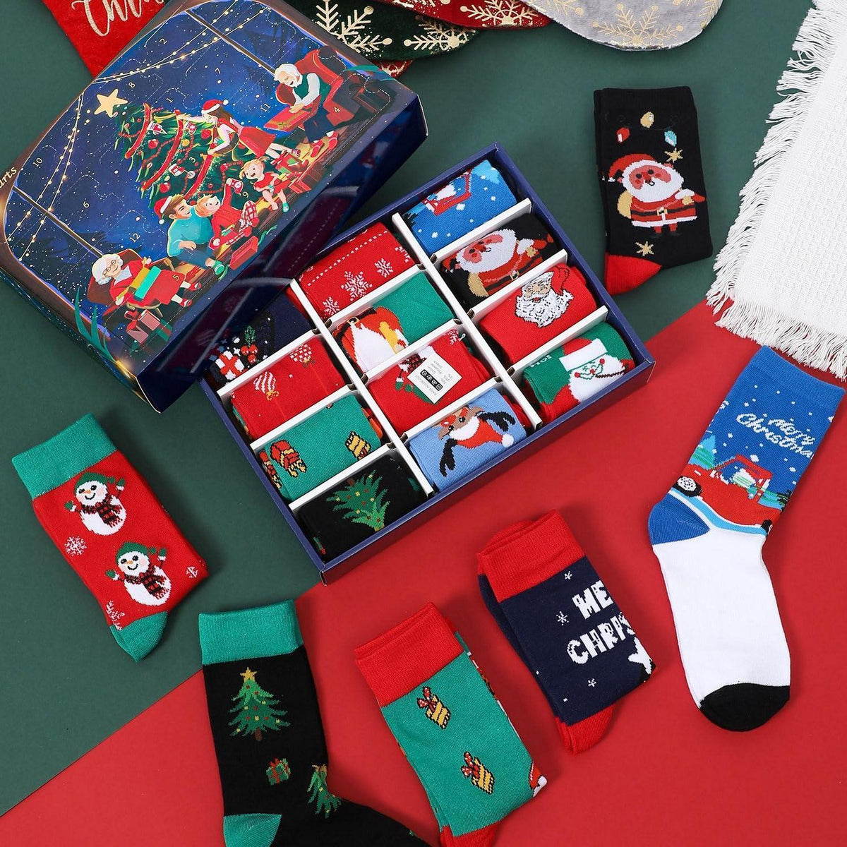 Adventskalender Socken Damen Weihnachten 12 Paar Baumwolle Kuschelsocken