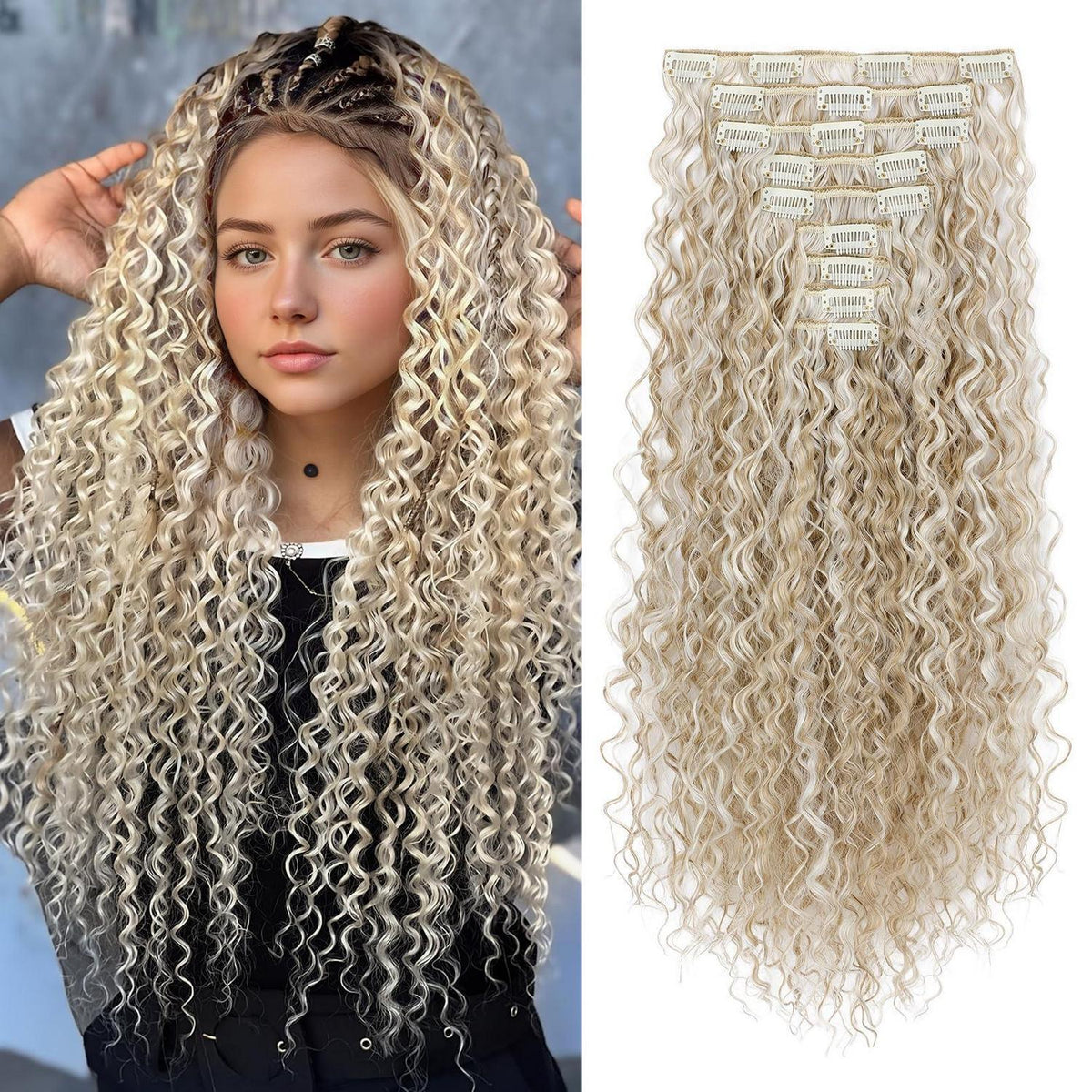 22 Zoll Lockige Haarverlängerung Blau mit Blond Highlights