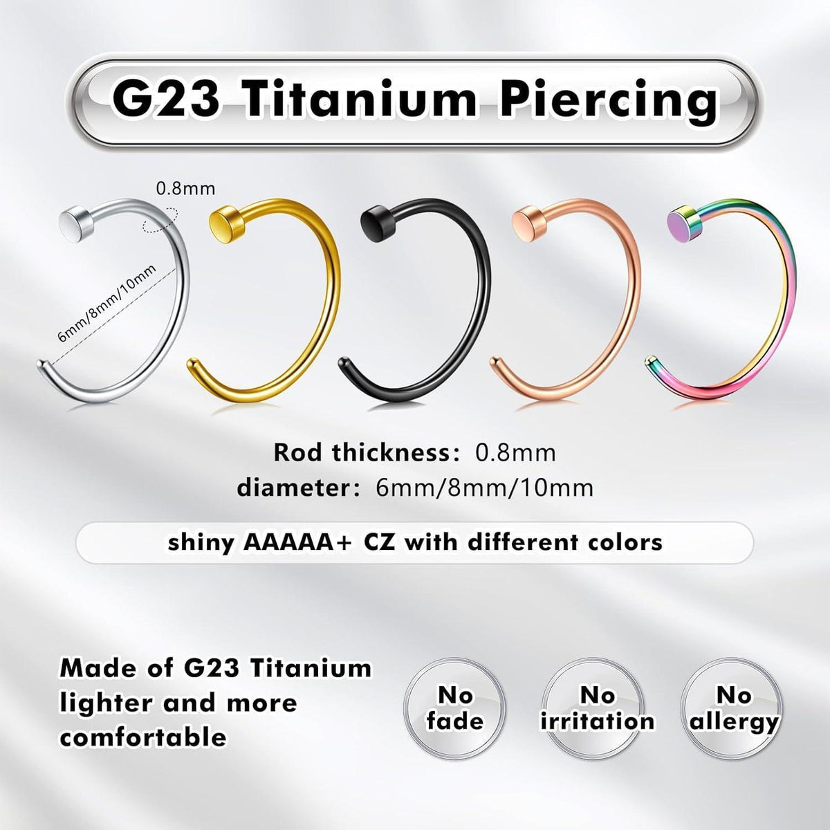 Fake Nasenring Titan 3er Set 18G 6-10mm Schwarz Gold Silber
