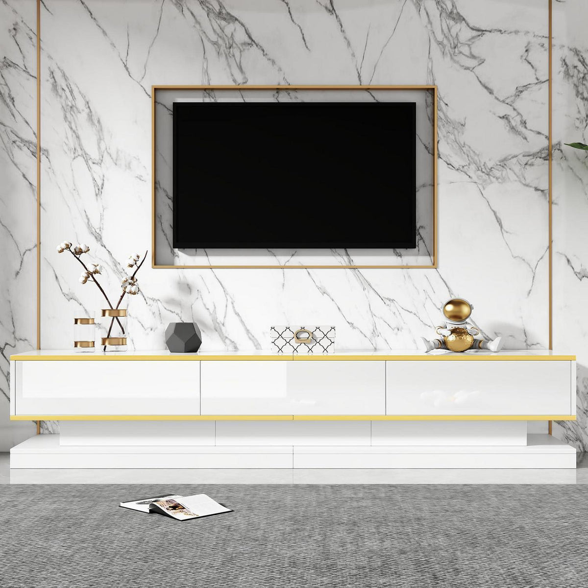 TV Lowboard 200cm mit 3 Schubladen – Weiß Hochglanz