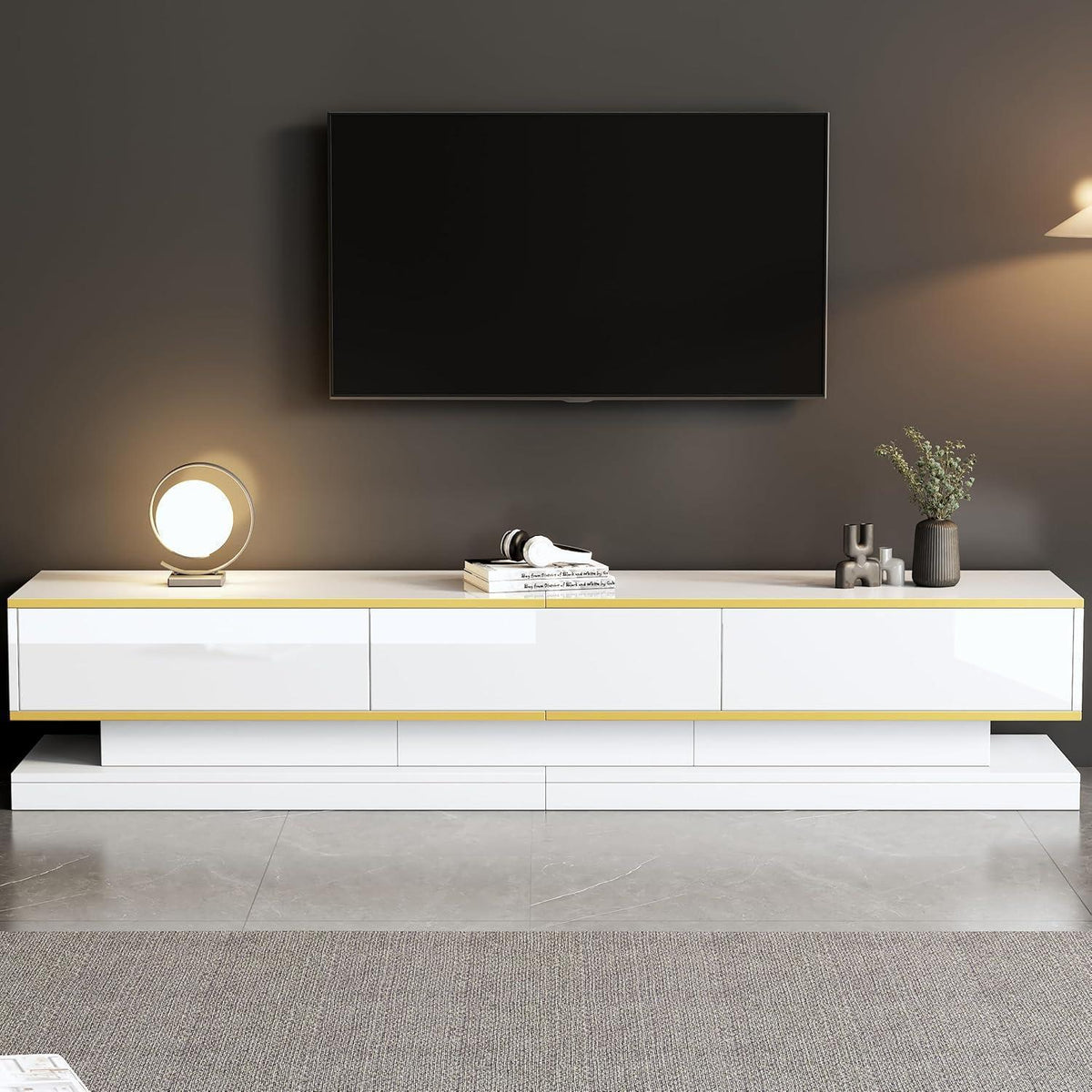 TV Lowboard 200cm mit 3 Schubladen – Weiß Hochglanz