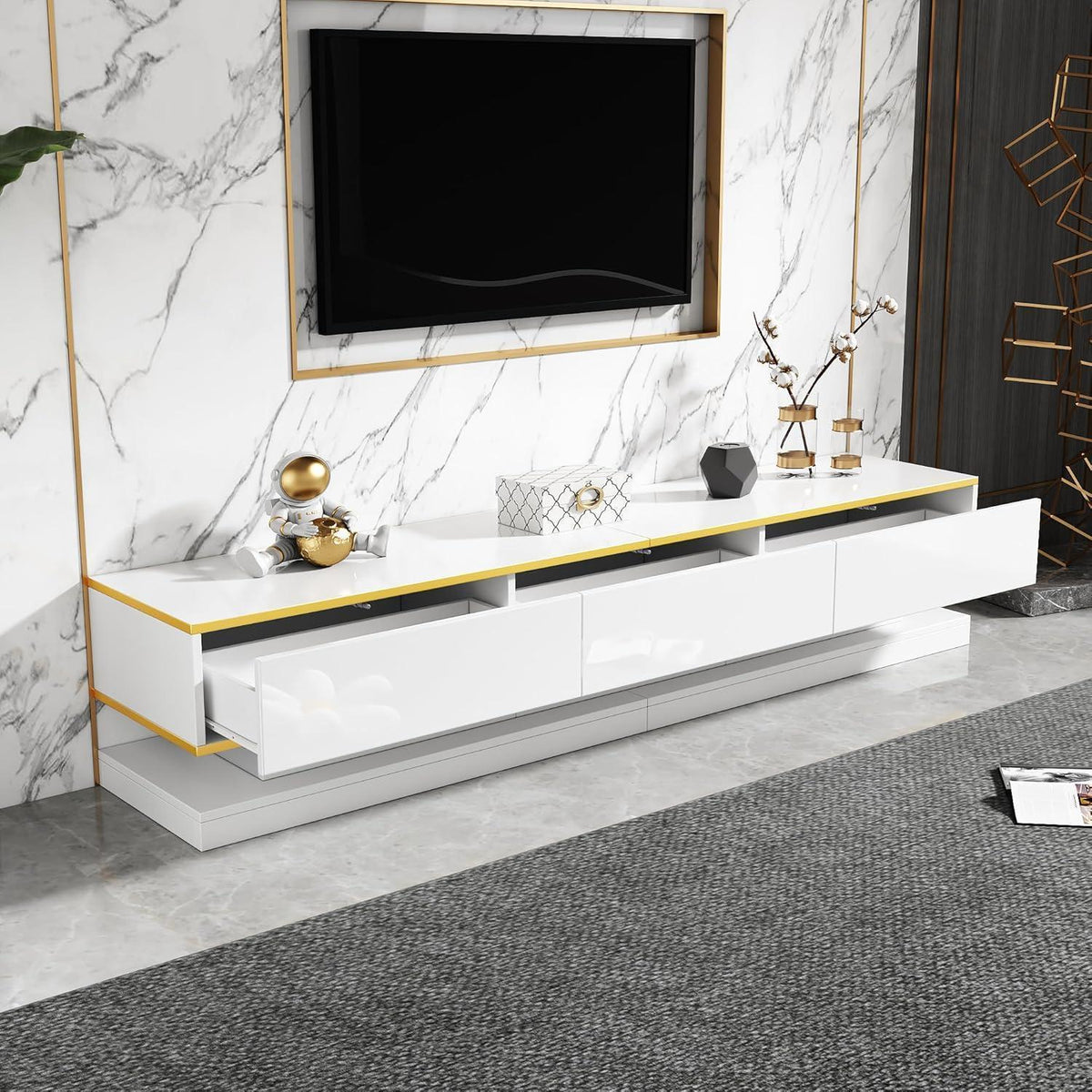 TV Lowboard 200cm mit 3 Schubladen – Weiß Hochglanz