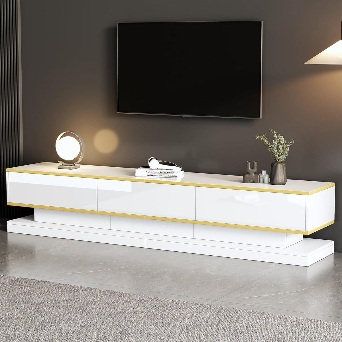 TV Lowboard 200cm mit 3 Schubladen – Weiß Hochglanz