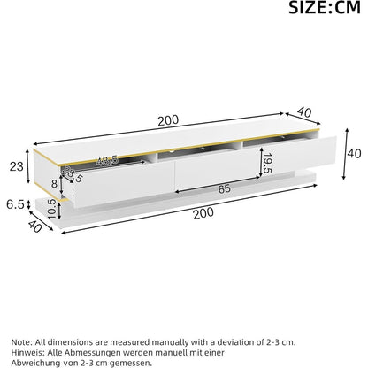 TV Lowboard 200cm mit 3 Schubladen – Weiß Hochglanz