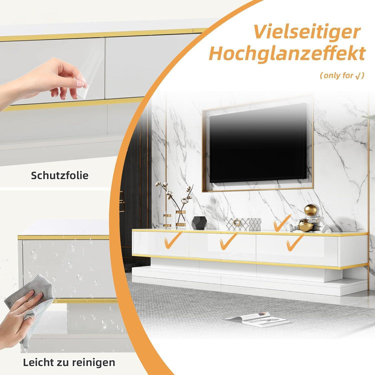 TV Lowboard 200cm mit 3 Schubladen – Weiß Hochglanz