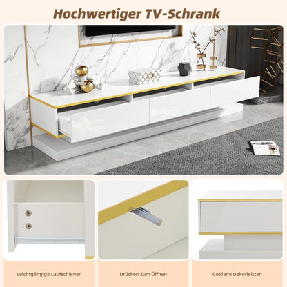TV Lowboard 200cm mit 3 Schubladen – Weiß Hochglanz