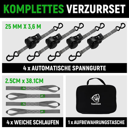 Automatischer Spanngurt-Set 3,6m mit S-Haken – 4er Pack