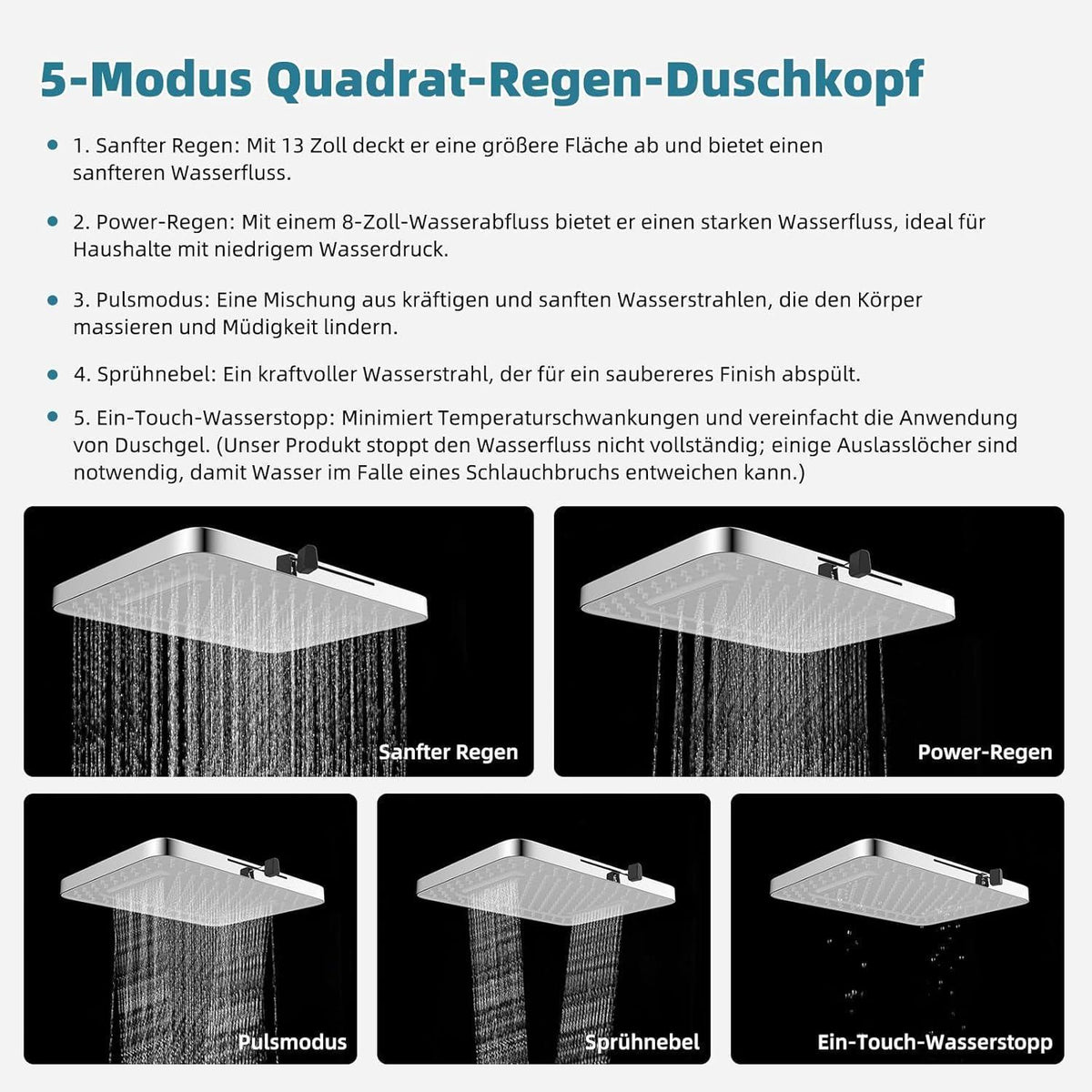Quadratischer Einbauduschkopf 13 Zoll mit 5 Modi