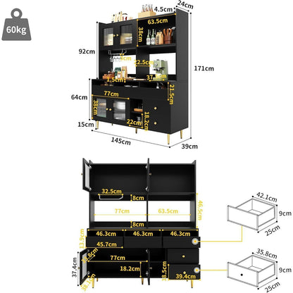Küchenschrank Hochschrank mit Glastür & Weinregal, Schwarz
