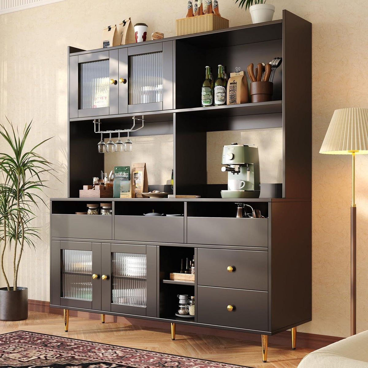 Küchenschrank Hochschrank mit Glastür & Weinregal, Schwarz