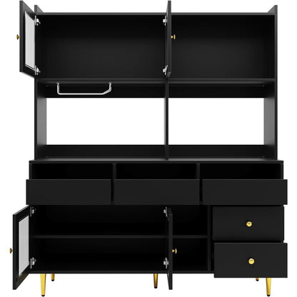 Küchenschrank Hochschrank mit Glastür & Weinregal, Schwarz
