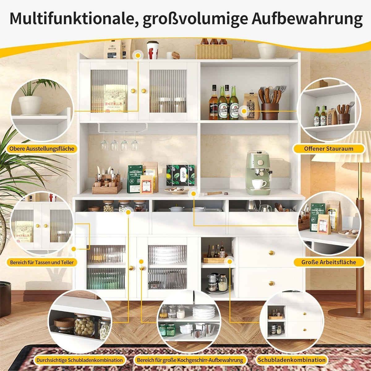 Küchenschrank Hochschrank mit Glastür & Weinregal, Weiß