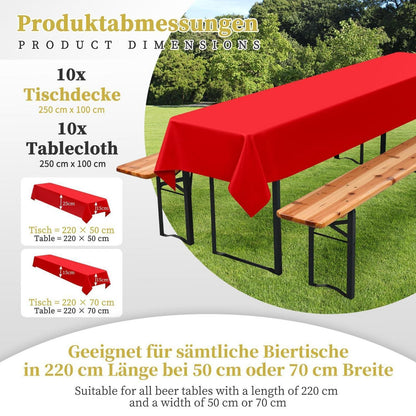 10x Rote Tischdecke für Biertisch (250x100cm) – Waschbar & Robust