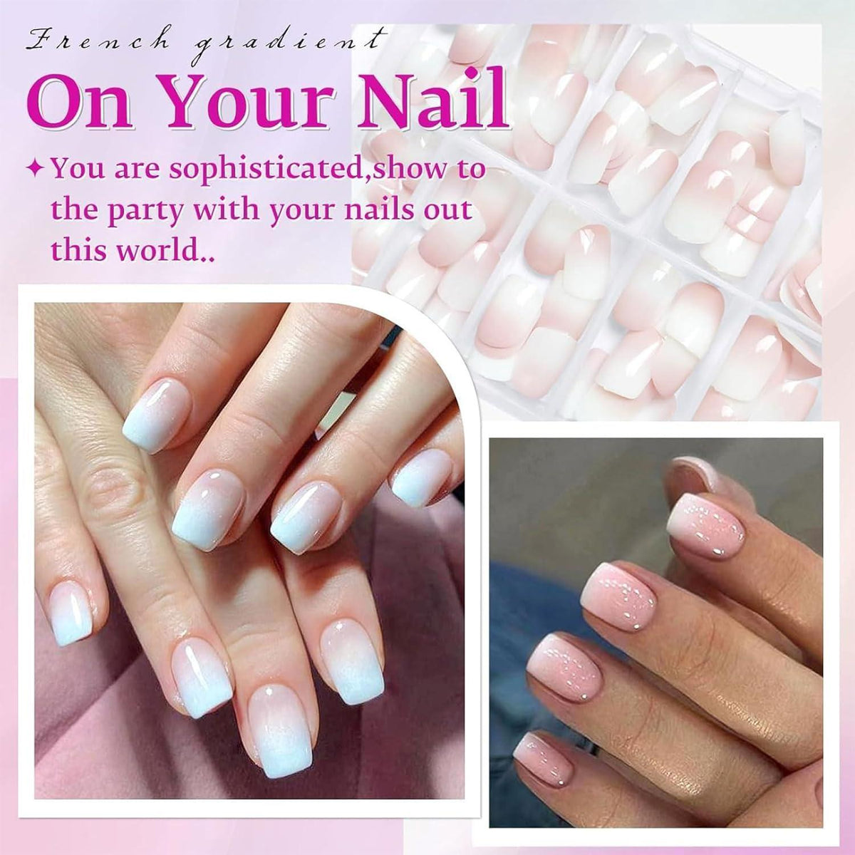 144 kurze Ombre Press-on-Nägel Weiß Pink Damen Nagelset
