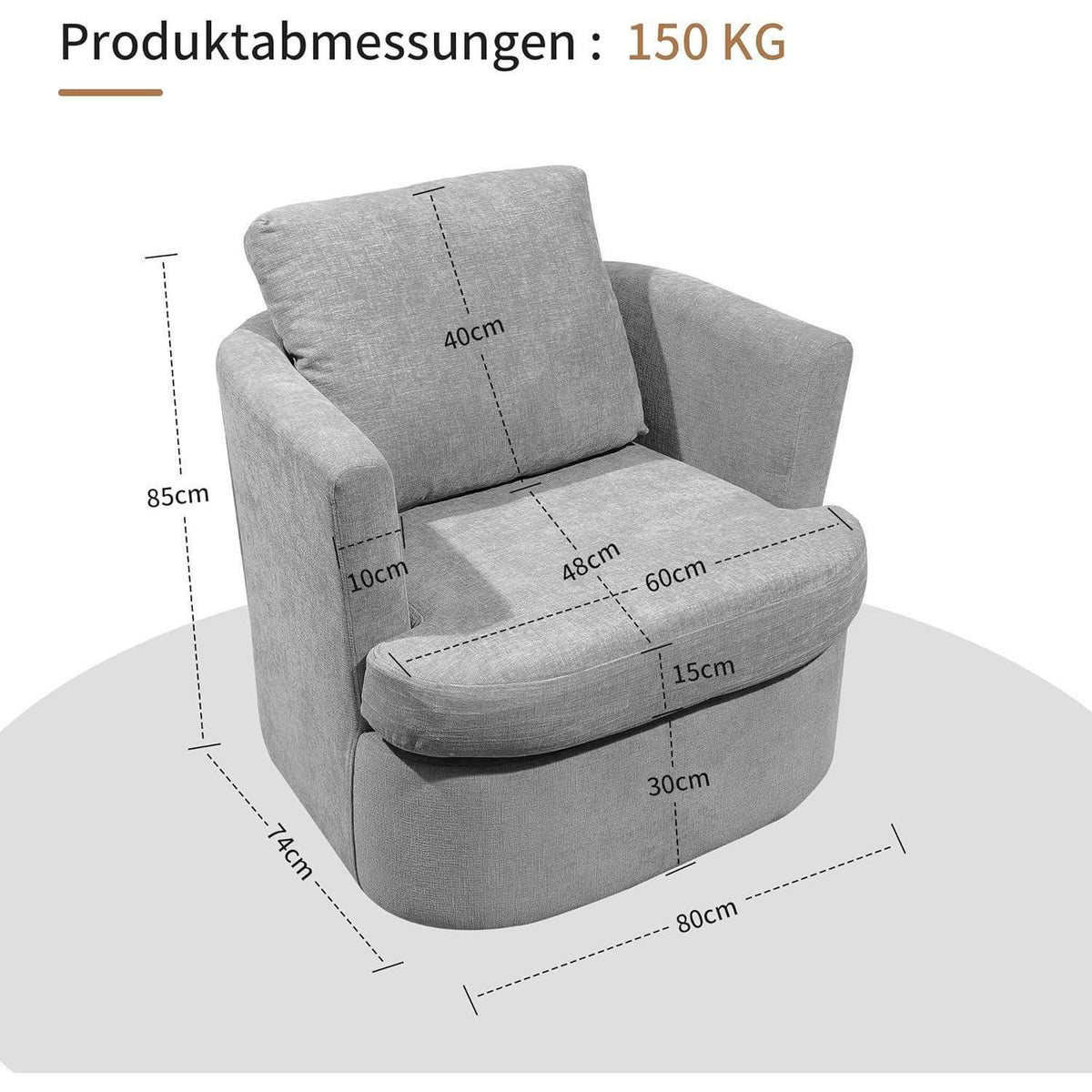Drehsessel Grau, Chenille Sessel mit Kissen & 360° Funktion