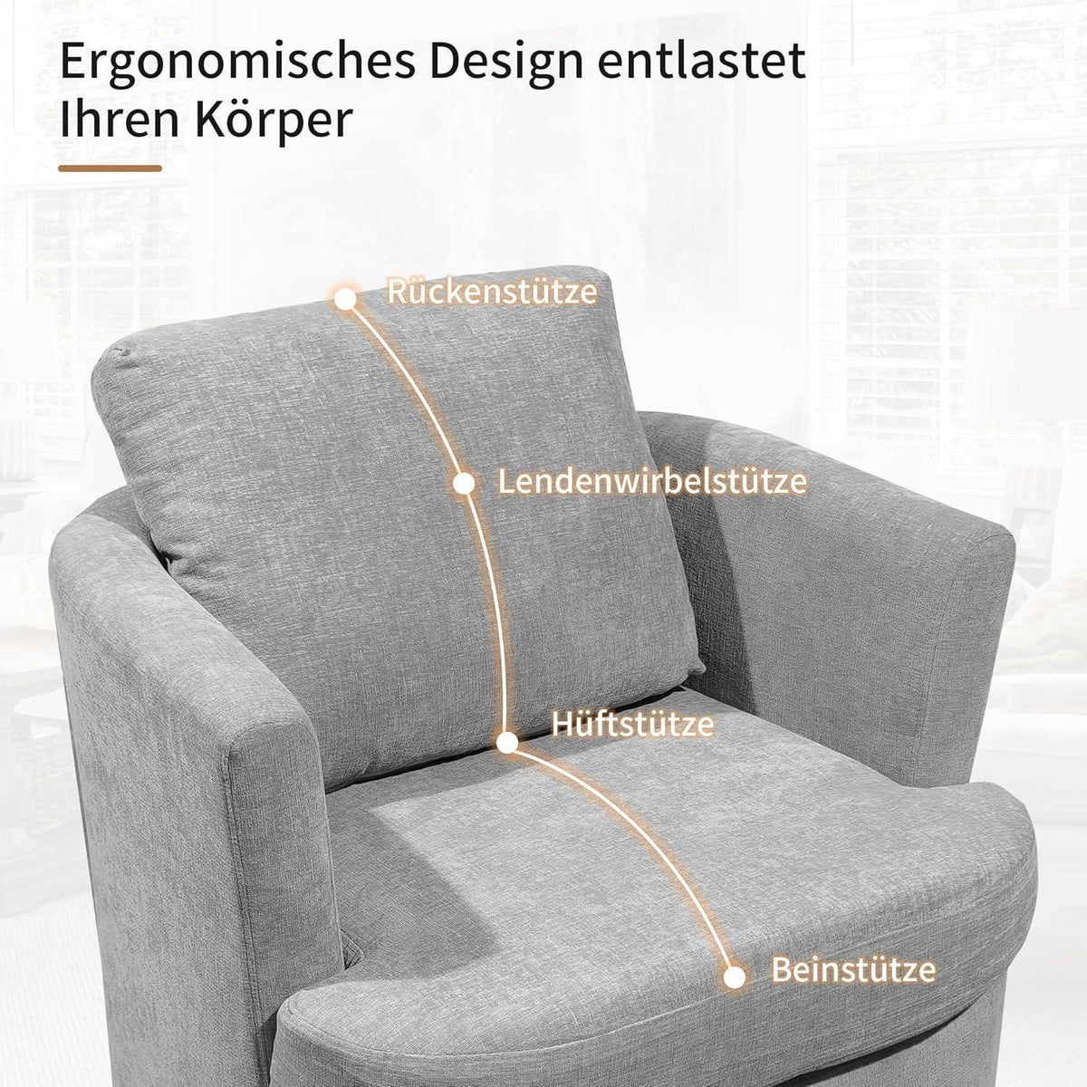 Drehsessel Grau, Chenille Sessel mit Kissen & 360° Funktion