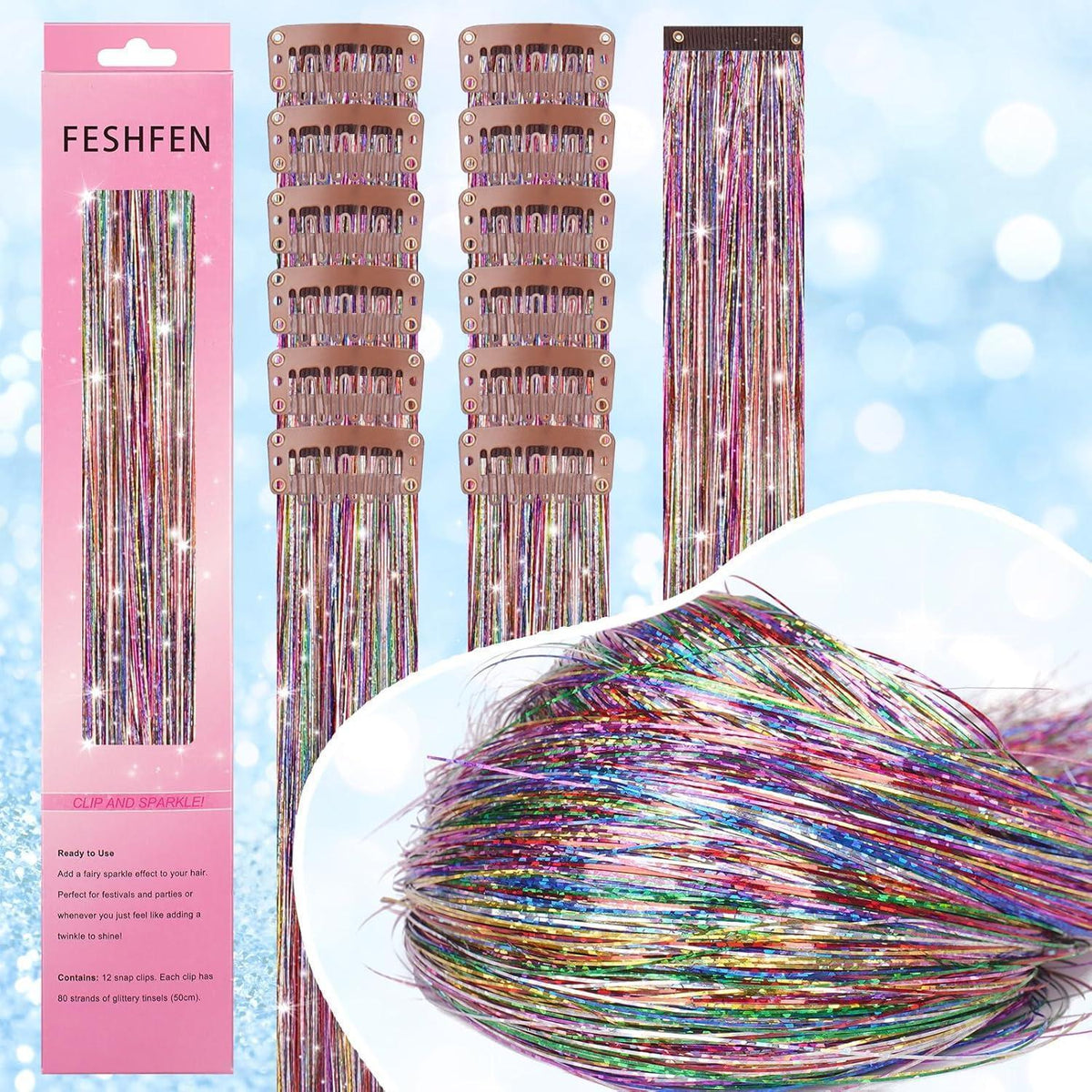 Glitzer Haarsträhnen Set – 12 Farben für Party & Festival