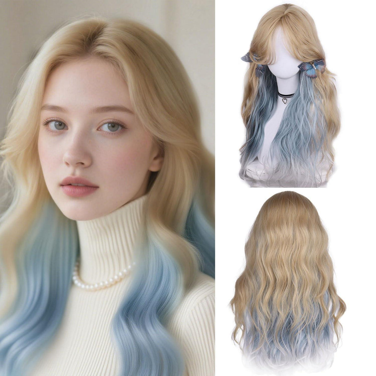 Lange gewellte Blonde Perücke mit blauen Strähnen – natürlich & verstellbar