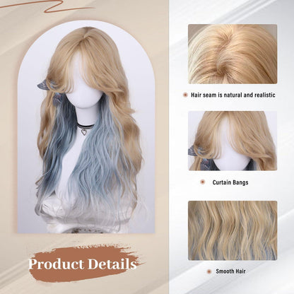 Lange gewellte Blonde Perücke mit blauen Strähnen – natürlich & verstellbar