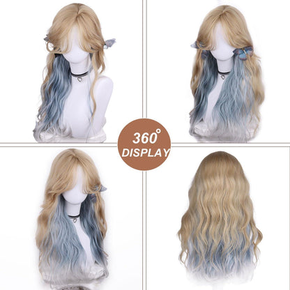 Lange gewellte Blonde Perücke mit blauen Strähnen – natürlich & verstellbar