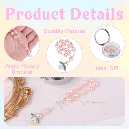 Rosenkranz Taufgeschenk mit Gedenkbox & Engelsflügel-Armband Rosa