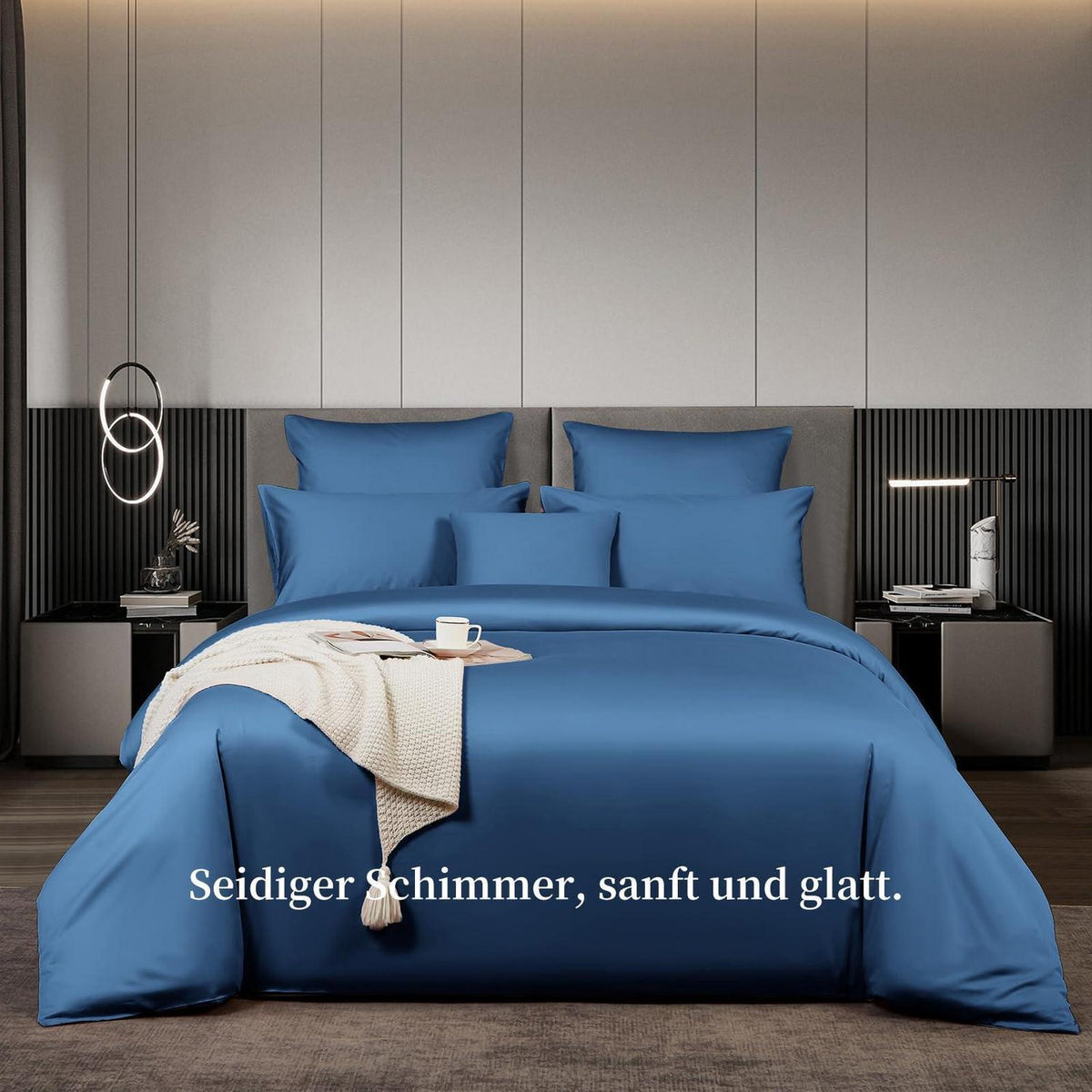 Satin Bettwäsche Set 220x240 cm Blau Mako Baumwolle