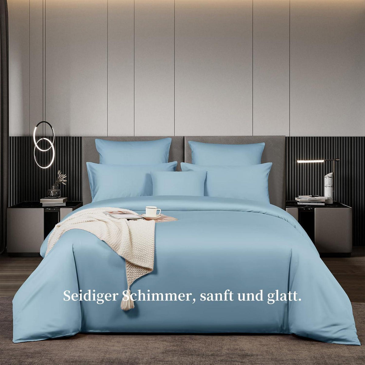 Satin Bettwäsche Set 200x200 cm Baumwolle Blau