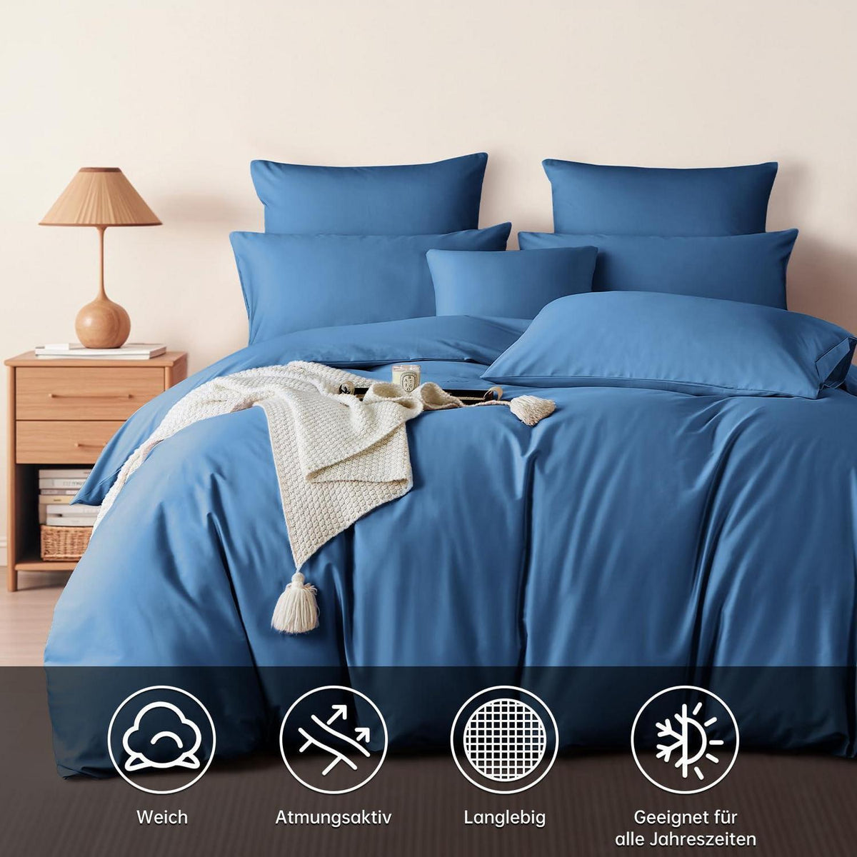 Satin Bettwäsche Set 200x220 cm Blau Mako Baumwolle