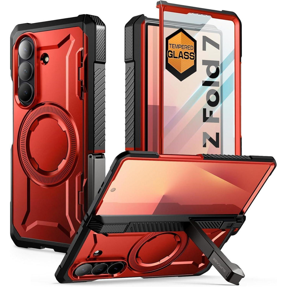Hülle mit Ständer für Samsung Galaxy Z Fold 7, MagSafe, Displayschutz, Rot