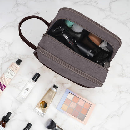 Kulturtasche Herren aus Canvas in Lederoptik, wasserabweisend, Taupe