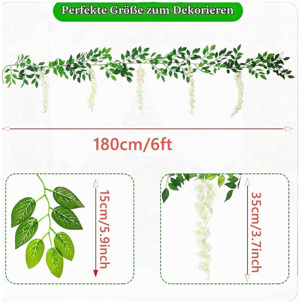 2x 3.6m Künstliche Wisteria Girlande – Weiße Seidenblumen Deko