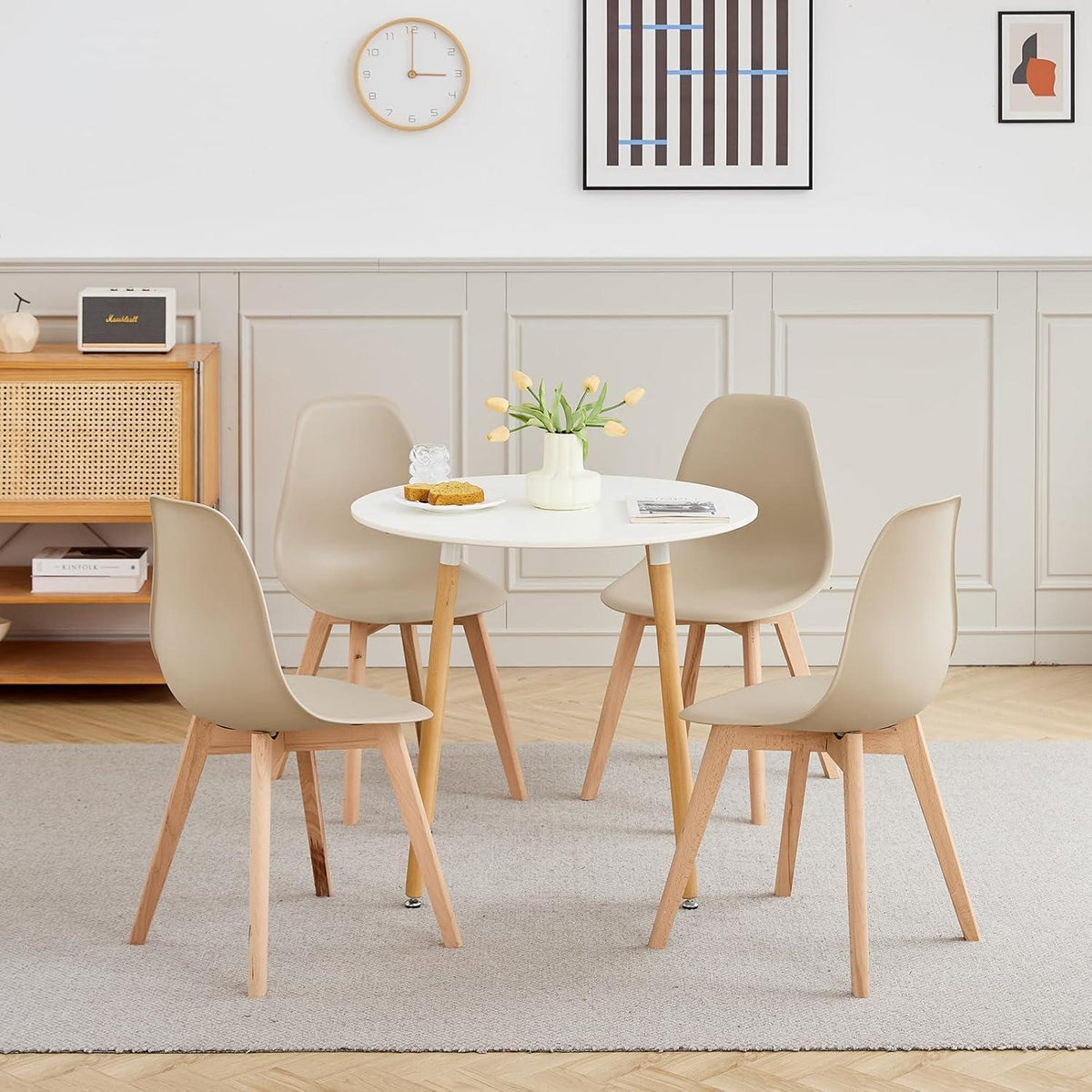 4 Esszimmerstühle mit Buchenholzbeinen, Khaki