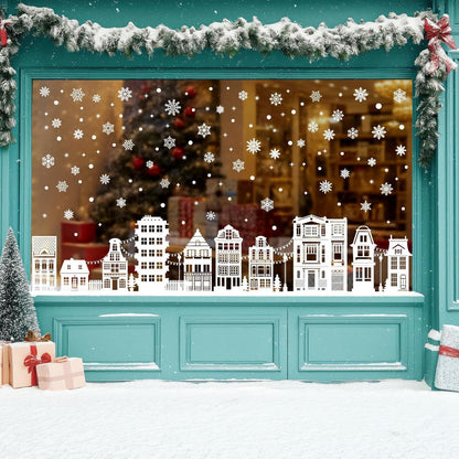 Weihnachts Fensterbilder Schneeflocken & Häuser Deko Aufkleber