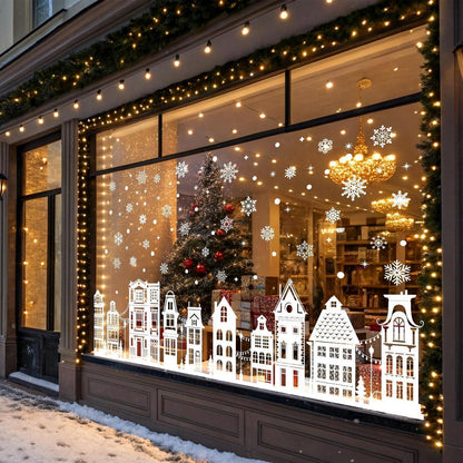 Weihnachts Fensterbilder Schneeflocken & Häuser Deko Aufkleber