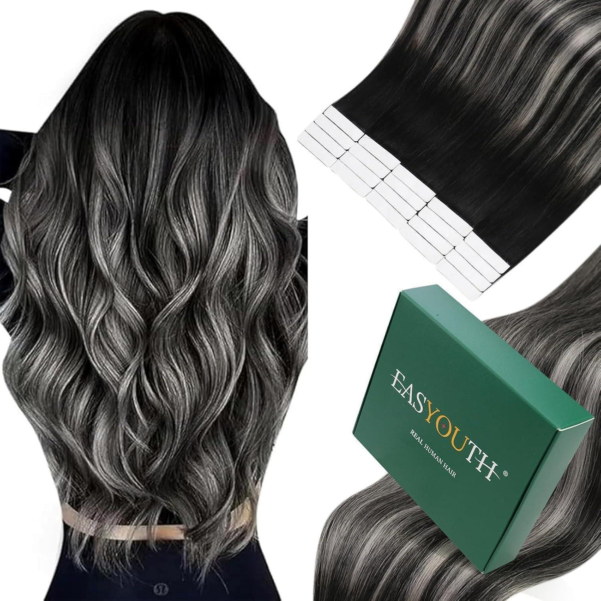Echthaar Tape Extensions Schwarz Silber Ombre 55cm