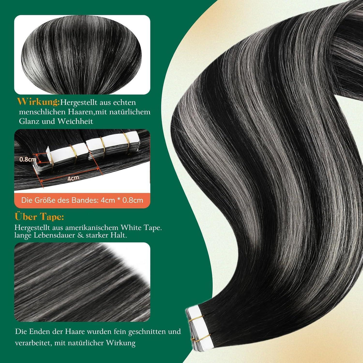 Echthaar Tape Extensions Schwarz Silber Ombre 55cm