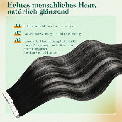 Echthaar Tape Extensions Schwarz Silber Ombre 55cm