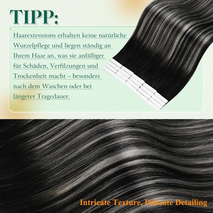 Echthaar Tape Extensions Schwarz Silber Ombre 55cm