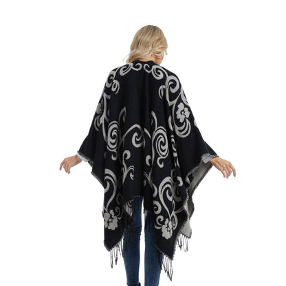 Poncho Strickjacke Damen Offene Front Schwarz Weiß | Übergroßer Schal-Pullover
