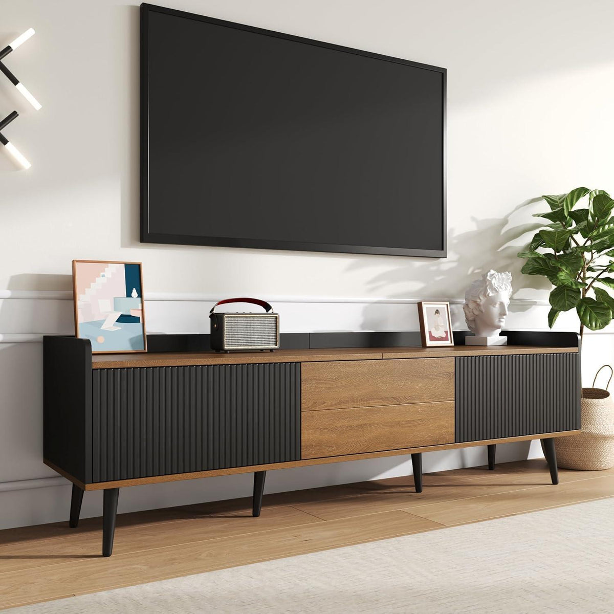 TV Lowboard Schwarz/Holz mit 3 Türen – 160x39x49,5cm