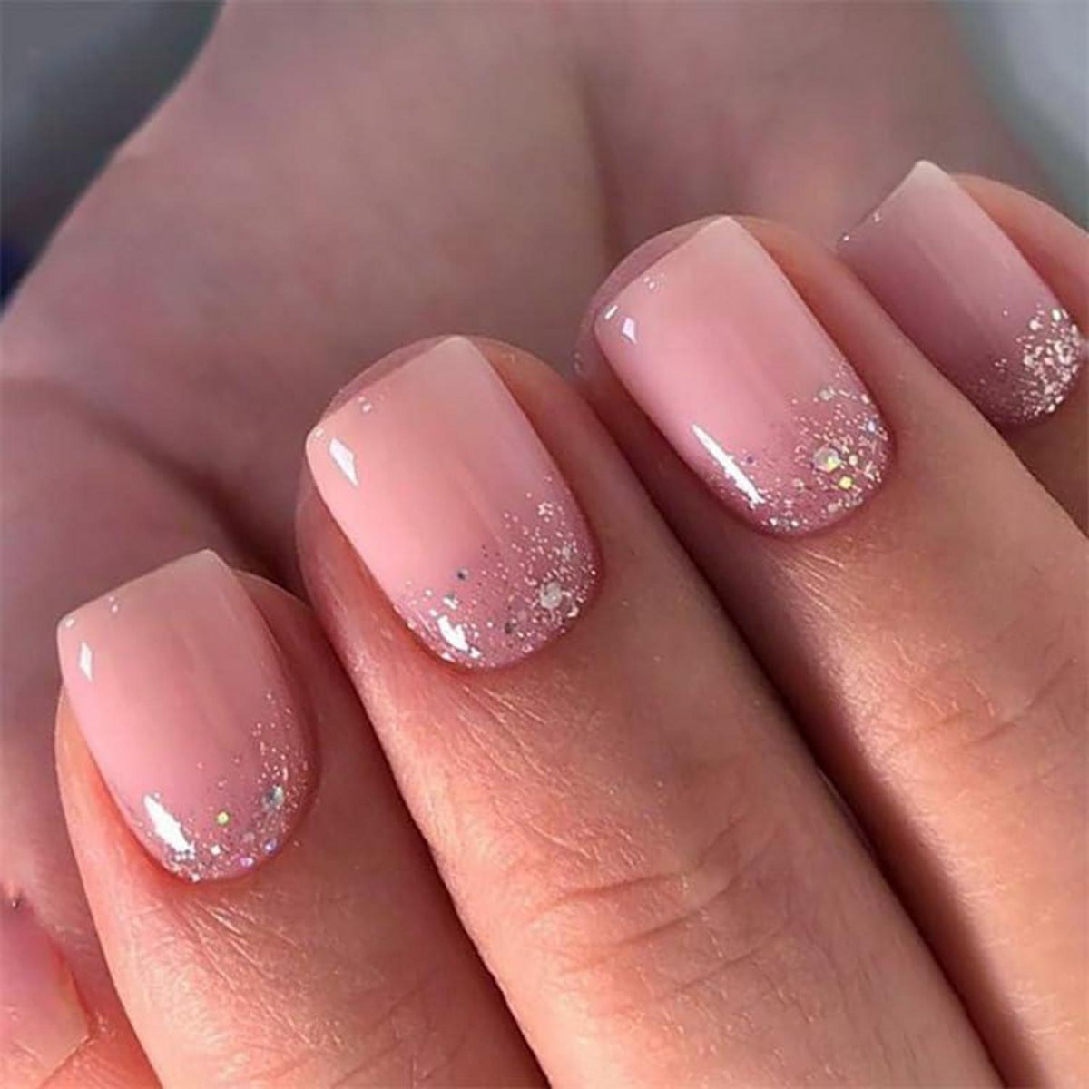 Rosa Glitzer Press On Nails - Kurze, Square Fake Nails mit Kleber