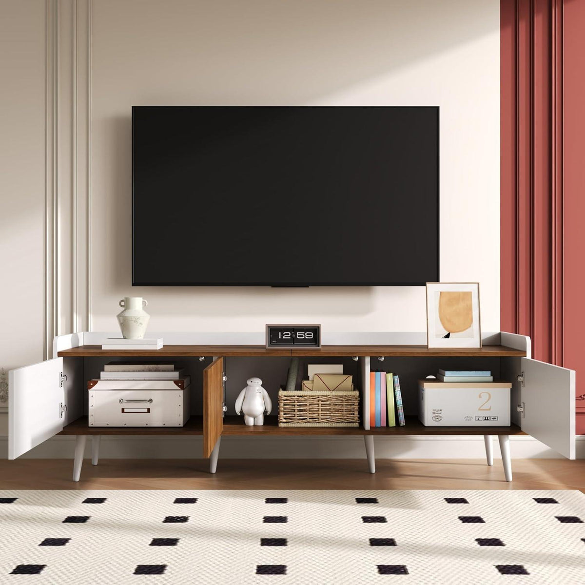 TV Lowboard Weiß & Holz mit 3 Türen (160x39x49,5cm)
